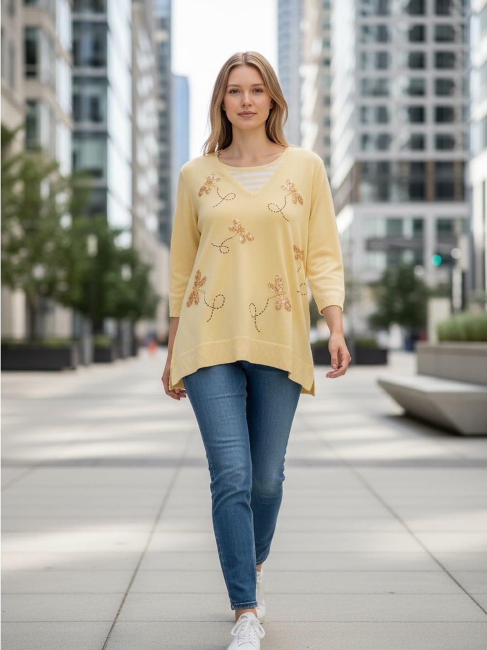 V-Neck Floral Embellished Yellow Sweater - Women